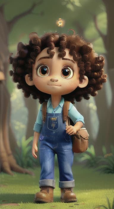  {The tree with a twinkling eye, while its leaves gently rustle., Riley, a curious with big brown eyes and curly hair, wearing overalls and carrying a small backpack. Their friend, Skye, a bluebird with shiny feathers.