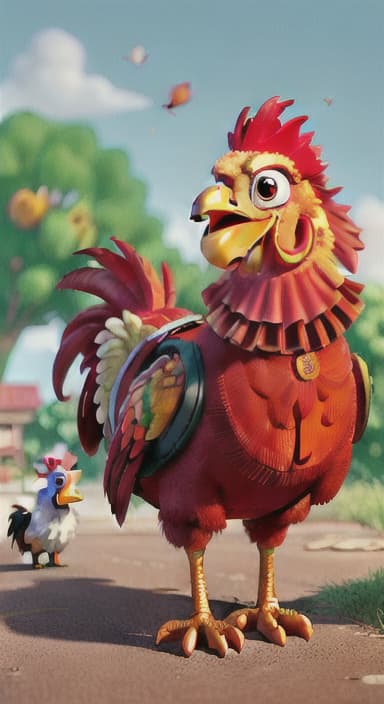  {Rooster looking excited as he watches children walk toward the school., A bright red and orange rooster with shiny feathers and a curious expression; he wears a small backpack. Other characters throughout the story include young children, teachers, and various animals, all with friendly and approachable faces.