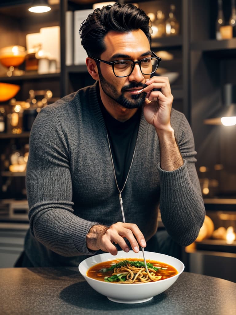  A man web development named Pazyuk is eating lagman while wearing glasses. hyperrealistic, full body, detailed clothing, highly detailed, cinematic lighting, stunningly beautiful, intricate, sharp focus, f/1. 8, 85mm, (centered image composition), (professionally color graded), ((bright soft diffused light)), volumetric fog, trending on instagram, trending on tumblr, HDR 4K, 8K