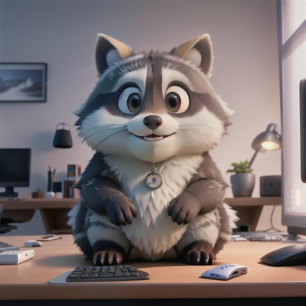  raccoon sitting in gaming chair front a computer on desktop, ((semi anthropomorphic)),(full body), tail, belly, sitting, fat, (chubby), (((white background))), solo, desktop, gaming chair, side view,  [[[clothes]]] hyperrealistic, full body, detailed clothing, highly detailed, cinematic lighting, stunningly beautiful, intricate, sharp focus, f/1. 8, 85mm, (centered image composition), (professionally color graded), ((bright soft diffused light)), volumetric fog, trending on instagram, trending on tumblr, HDR 4K, 8K