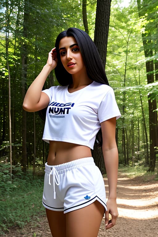  Middle eastern female, woods, outdoors, shorts, white t-shirt