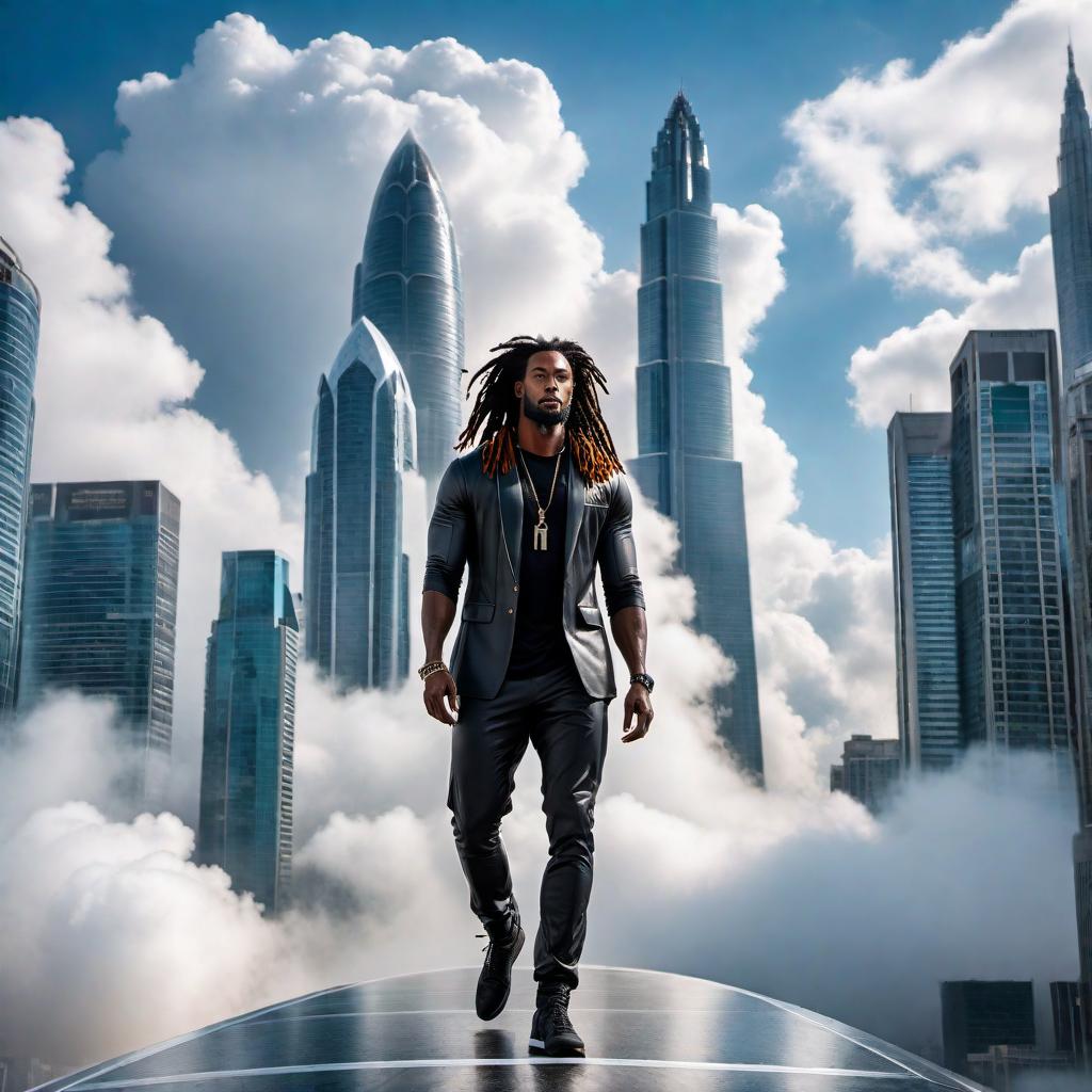  A black male with dreadlocks, surfing through a futuristic city among the clouds. The city is filled with towering skyscrapers and the sky is a dynamic canvas of soft, shifting clouds. hyperrealistic, full body, detailed clothing, highly detailed, cinematic lighting, stunningly beautiful, intricate, sharp focus, f/1. 8, 85mm, (centered image composition), (professionally color graded), ((bright soft diffused light)), volumetric fog, trending on instagram, trending on tumblr, HDR 4K, 8K