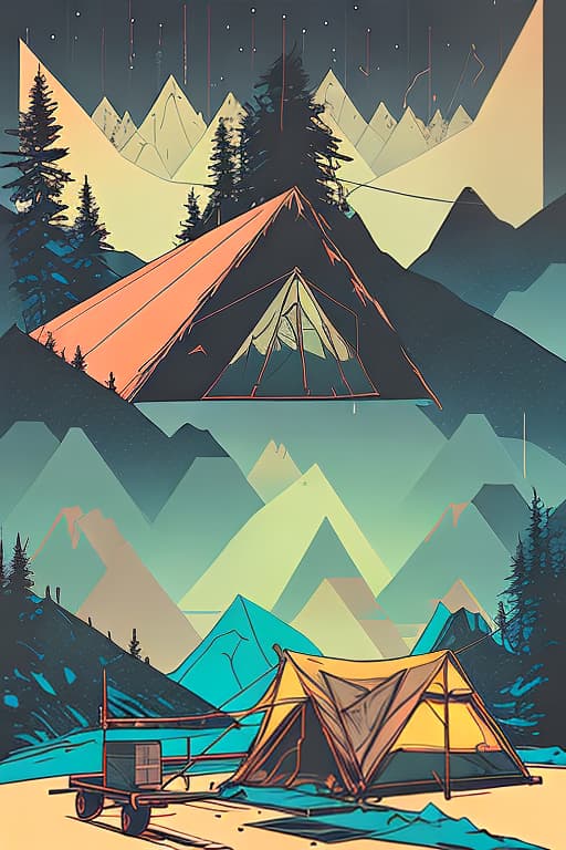 nvinkpunk Whimsical mountains with trees, and camping tent with campfire