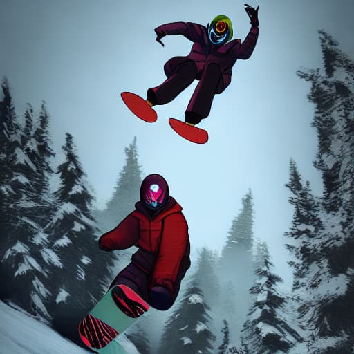  Mothman and Sasquatch snowboarding