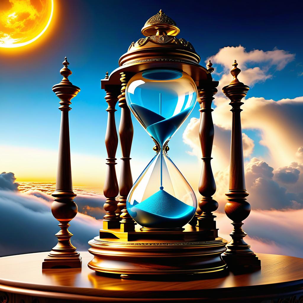  ethereal fantasy concept art of (Fancy hourglass). clock design: wooden carved case lacquered. Bowls of transparent glass. Inside the top bowl of the clock the rising sun is displayed. Around the sun is a blue sky and white, golden pink clouds. (Inside the lower bowl of the clock):A nighttime, dark blue sky with a bright yellow month with a silvery cast. Beneath the sky are mountains covered with blue white snow, shimmering with different colours of the rainbow. Background: gradient: in the lower part of the background the structure of sand. In the upper part of the background perispherical clouds in the blue sky. Style: philosophical romantic fantasy. . magnificent, celestial, ethereal, painterly, epic, majestic, magical, fantasy art, cov hyperrealistic, full body, detailed clothing, highly detailed, cinematic lighting, stunningly beautiful, intricate, sharp focus, f/1. 8, 85mm, (centered image composition), (professionally color graded), ((bright soft diffused light)), volumetric fog, trending on instagram, trending on tumblr, HDR 4K, 8K