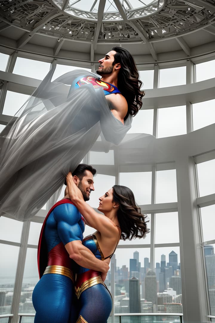  Create an image of Superman and Wonder Woman kissing in the space needle in Seattle Washington hyperrealistic, full body, detailed clothing, highly detailed, cinematic lighting, stunningly beautiful, intricate, sharp focus, f/1. 8, 85mm, (centered image composition), (professionally color graded), ((bright soft diffused light)), volumetric fog, trending on instagram, trending on tumblr, HDR 4K, 8K