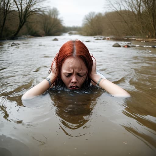  woman's head sinking in the river she looks panic