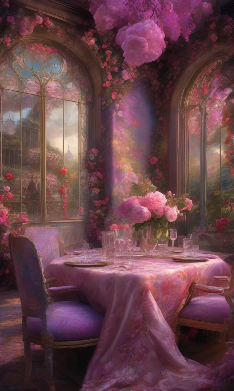  Oil Painting. Surrealistic digital image with double exposure and (dissolving textures). (Elegant café: 1,2) with unusual interior. Two tables set for two. Transparent curtains. Intricate floral decor:: arches of roses, roses in vases and on textiles, glitter, floral patterns, ornamentation. Open gallery overlooking the garden. Background:: surreal abstractionism with elements of a magnificent flowering garden. Hyper detailing, intricacy. Fantasy, creativity. Harmony of pink and violet shades. Exquisite rocaille and fantasy surrealism. Decorative excesses. Josephine Wall. Fragonard and Antoine Watteau. Sabbas Aptheros, Alfonso Mucha, Carole Buck, Andrew Jones, Gustav Klimt. High detail. High contrast. High quality. HDR hyperrealistic, full body, detailed clothing, highly detailed, cinematic lighting, stunningly beautiful, intricate, sharp focus, f/1. 8, 85mm, (centered image composition), (professionally color graded), ((bright soft diffused light)), volumetric fog, trending on instagram, trending on tumblr, HDR 4K, 8K