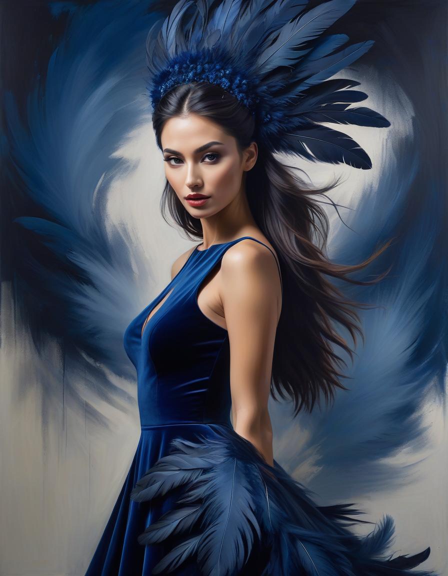  abstract expressionist painting Portrait of a beautiful girl in a dark blue velvet Lorrain dress, on beautiful hair adorned with soft feathers of dark blue colour . energetic brushwork, bold colors, abstract forms, expressive, emotional hyperrealistic, full body, detailed clothing, highly detailed, cinematic lighting, stunningly beautiful, intricate, sharp focus, f/1. 8, 85mm, (centered image composition), (professionally color graded), ((bright soft diffused light)), volumetric fog, trending on instagram, trending on tumblr, HDR 4K, 8K