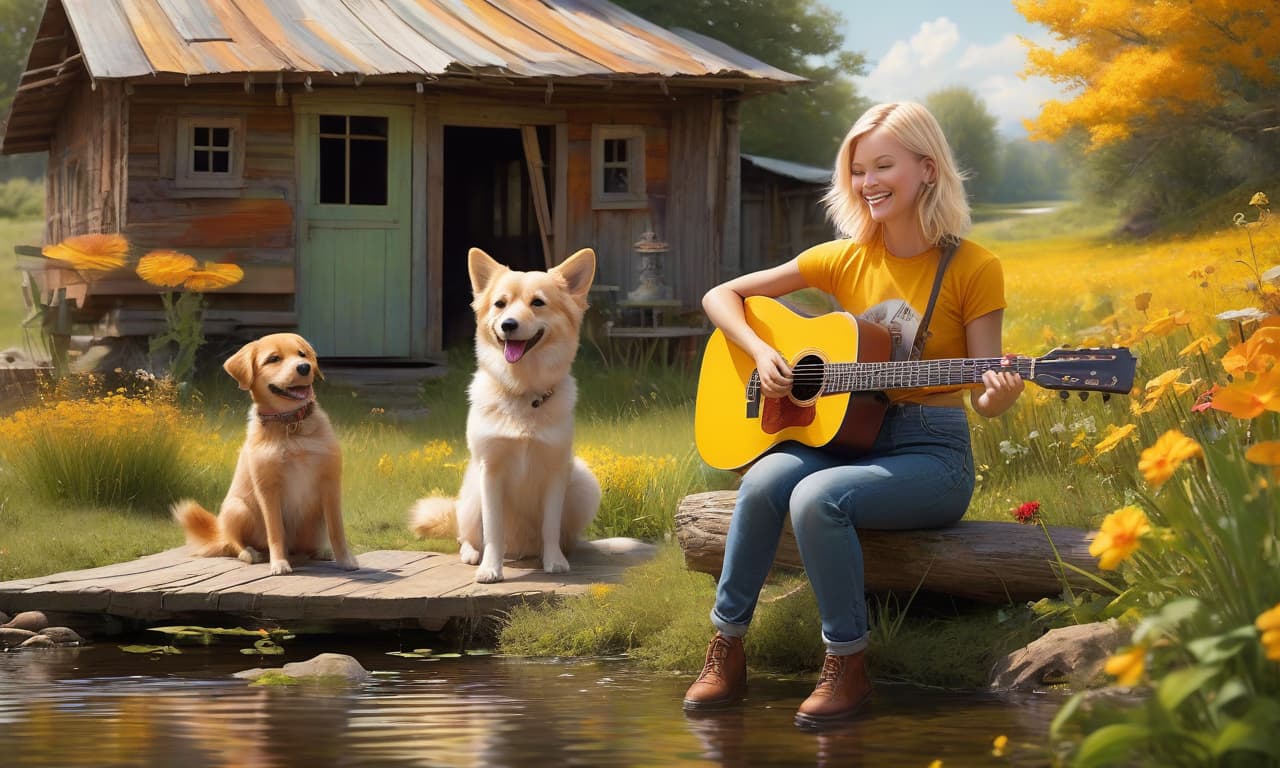  Blond children play the guitar by a pond, a dog runs by, nearby is a shack, bright yellow and orange colors prevail, a smile on their faces, wildflowers. hyperrealistic, full body, detailed clothing, highly detailed, cinematic lighting, stunningly beautiful, intricate, sharp focus, f/1. 8, 85mm, (centered image composition), (professionally color graded), ((bright soft diffused light)), volumetric fog, trending on instagram, trending on tumblr, HDR 4K, 8K