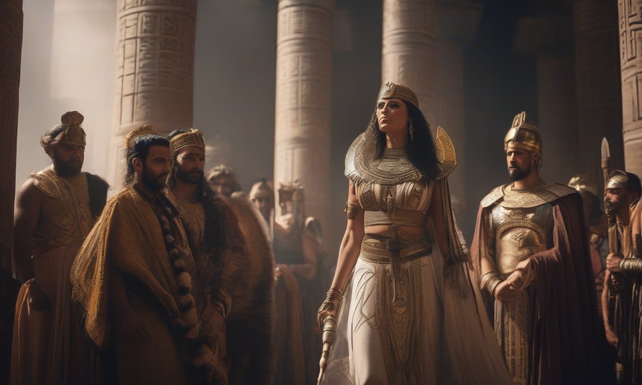  Queen Cleopatra receives a delegation of Vikings in the temple of the god Horus. hyperrealistic, full body, detailed clothing, highly detailed, cinematic lighting, stunningly beautiful, intricate, sharp focus, f/1. 8, 85mm, (centered image composition), (professionally color graded), ((bright soft diffused light)), volumetric fog, trending on instagram, trending on tumblr, HDR 4K, 8K