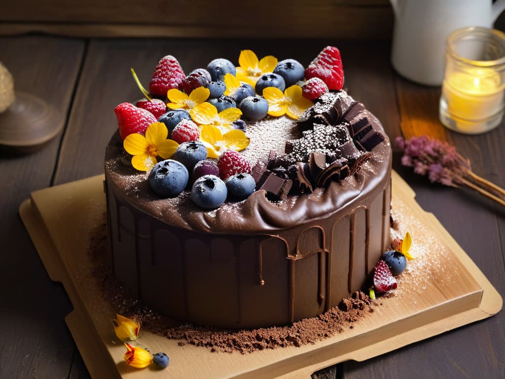  A photorealistic image of a beautifully decorated vegan and glutenfree chocolate cake topped with fresh berries and edible flowers, set on a rustic wooden table with scattered cocoa powder and coconut flakes around it. The cake is perfectly moist and rich, with layers of decadent chocolate ganache in between. The vibrant colors of the berries pop against the dark chocolate, making it an enticing and visually appealing dessert that showcases the delicious possibilities of vegan and glutenfree baking. hyperrealistic, full body, detailed clothing, highly detailed, cinematic lighting, stunningly beautiful, intricate, sharp focus, f/1. 8, 85mm, (centered image composition), (professionally color graded), ((bright soft diffused light)), volumetric fog, trending on instagram, trending on tumblr, HDR 4K, 8K