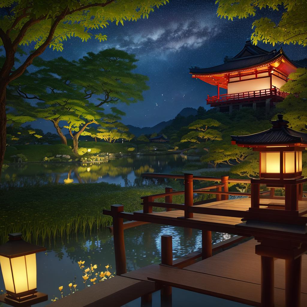  masterpiece, best quality,(fidelity: 1.4), best quality, masterpiece, ultra high resolution, 8k resolution, night view inspired by Japanese art, featuring a garden illuminated by paper lanterns and a wooden bridge spanning a tranquil lake with a small Zen temple by the lake. The water reflects the stars.