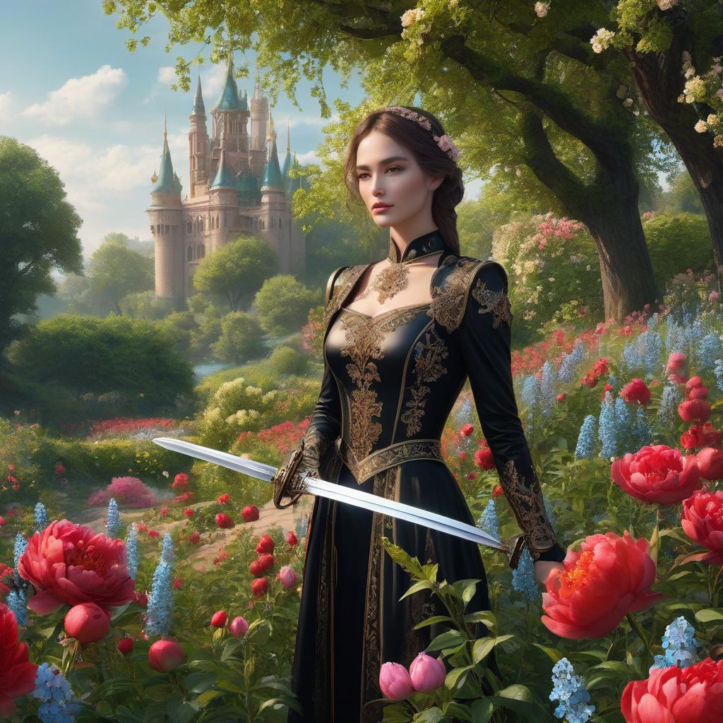  A girl with a sword in her hand. A black sword with gold details. Fire. The rigor of the lines. Power. The sword gives off electric shocks. Highly detailed, highly detailed, highly detailed image and all details. ((Sparkling rim)): spring field, hyacinths, roses, rosehips, rose hips, peonies, cherry tree, yellow, red, black flowers, forget me nots. Nature in the background, spring, delight. Luxury, richness. High quality. Swarovski, pandora. The Emerald Palace, the towers. Holobue sky. Golden spires, Gothic style. Fantasy, fairy tale. Poppy field in front of palace. Emerald stones, Green Alley.Luxury, wealth. spring field, hyacinths, roses, rosehips, rose hips, peonies, cherry tree, yellow, red, black flowers, forget me nots. Honoré Farg hyperrealistic, full body, detailed clothing, highly detailed, cinematic lighting, stunningly beautiful, intricate, sharp focus, f/1. 8, 85mm, (centered image composition), (professionally color graded), ((bright soft diffused light)), volumetric fog, trending on instagram, trending on tumblr, HDR 4K, 8K