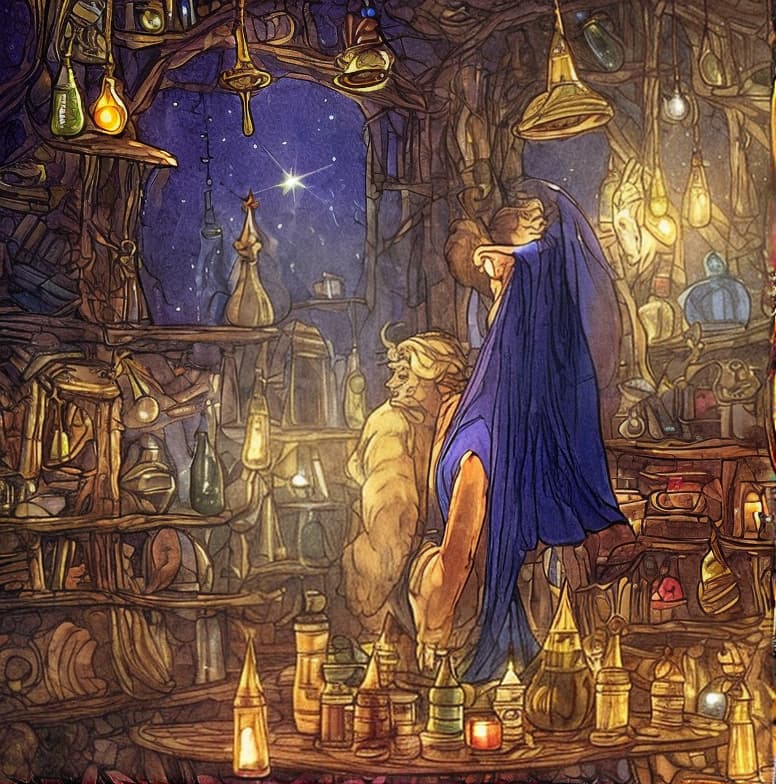  Merlin the back enchantress in his workshop pointed hat golden light bottles big dress stars in his hands