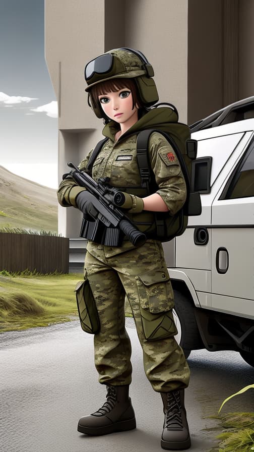  Combat camouflage clothing two heads full body rifle combat girl cute