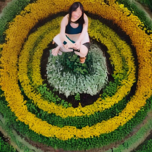 lnkdn photography Garden , , chibi, look back and smile, stand on flowers, mini ，bend over