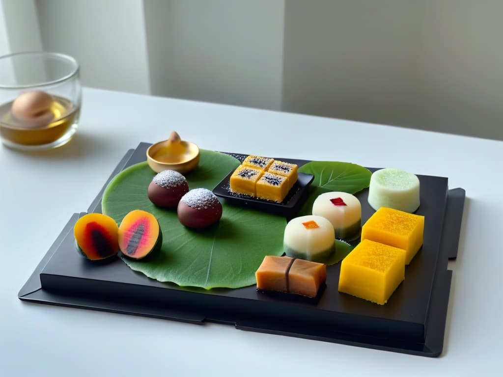  An elegant Japanese dessert platter showcasing a selection of beautifully arranged wagashi sweets, featuring delicate mochi, intricate yokan, and exquisite matchaflavored treats. Each dessert is meticulously placed on a pristine white ceramic dish, with subtle green tea leaves scattered around, enhancing the minimalist aesthetic. The soft lighting highlights the intricate details and vibrant colors of the desserts, creating a sense of harmony and balance in the presentation. hyperrealistic, full body, detailed clothing, highly detailed, cinematic lighting, stunningly beautiful, intricate, sharp focus, f/1. 8, 85mm, (centered image composition), (professionally color graded), ((bright soft diffused light)), volumetric fog, trending on instagram, trending on tumblr, HDR 4K, 8K