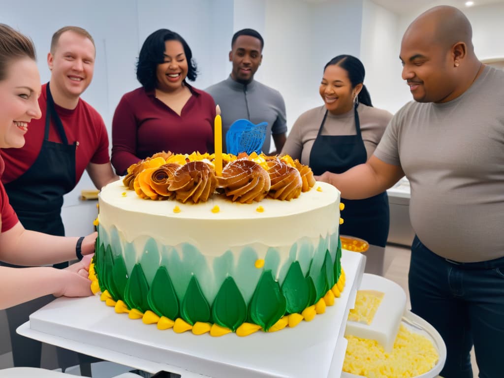  A closeup, highly detailed image of a diverse group of individuals with various disabilities joyfully and skillfully decorating a cake together in a brightly lit kitchen. Each person is focused and engaged, showcasing their unique talents and abilities. The image captures the intricate details of their work, from delicate piping to vibrant colored icing, highlighting the beauty and inclusivity of their collaborative effort. hyperrealistic, full body, detailed clothing, highly detailed, cinematic lighting, stunningly beautiful, intricate, sharp focus, f/1. 8, 85mm, (centered image composition), (professionally color graded), ((bright soft diffused light)), volumetric fog, trending on instagram, trending on tumblr, HDR 4K, 8K