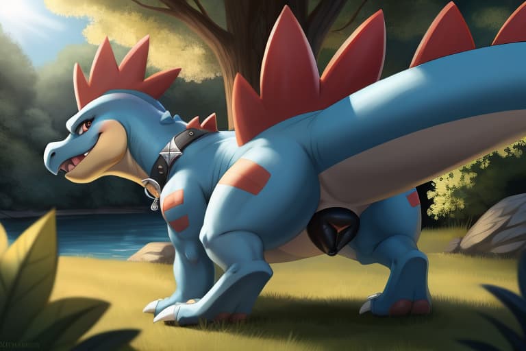  Pokemon, Feraligatr, female feral presenting pussy, collar on neck, black canine pussy, back view, looking back, open eyes, digital art, masterpiece, 4k, fine details,