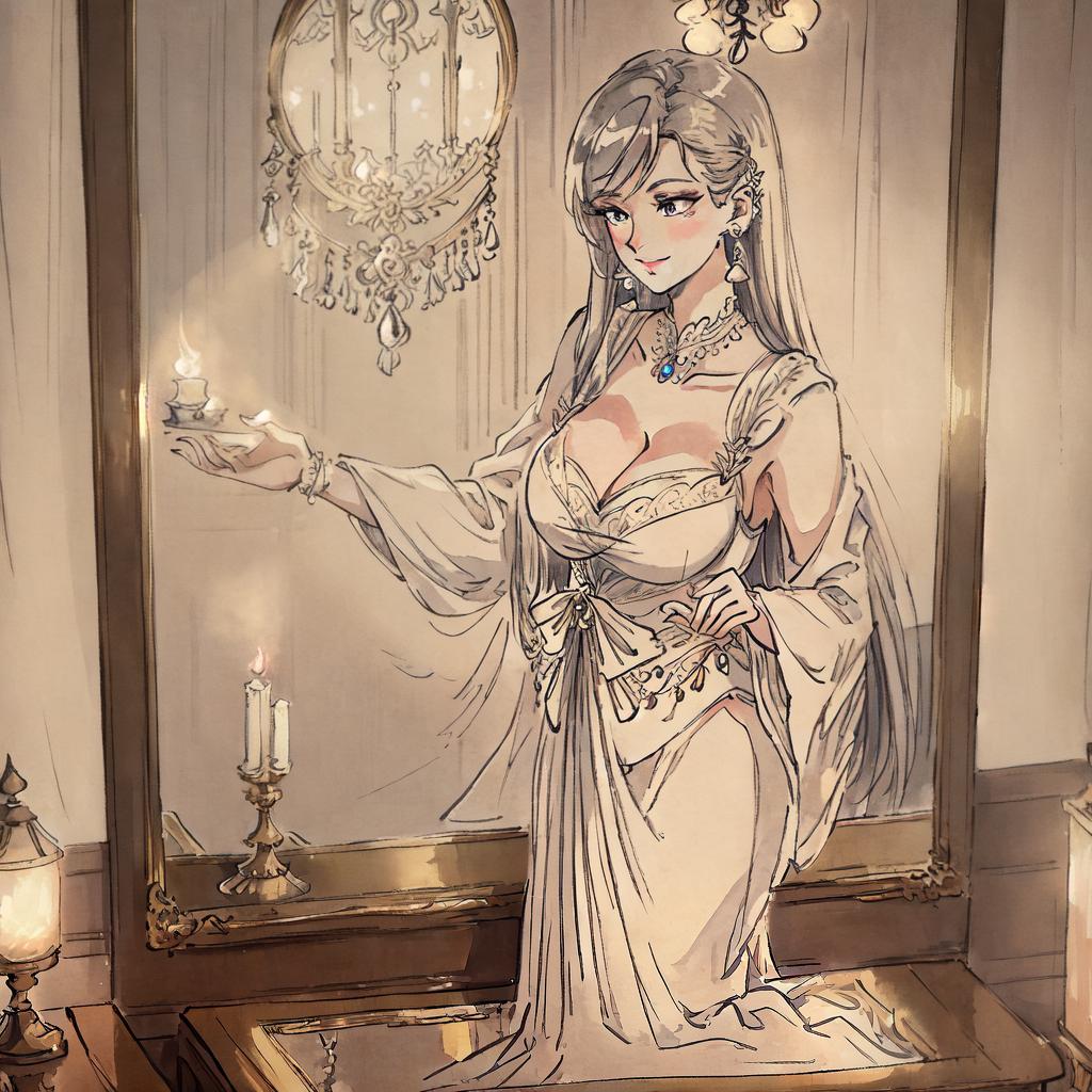  ((masterpiece)),(((best quality))), 8k, high detailed, ultra-detailed, A timeless beauty, (pearl earrings), enigmatic smile, (vintage mirror), candlelit ambiance hyperrealistic, full body, detailed clothing, highly detailed, cinematic lighting, stunningly beautiful, intricate, sharp focus, f/1. 8, 85mm, (centered image composition), (professionally color graded), ((bright soft diffused light)), volumetric fog, trending on instagram, trending on tumblr, HDR 4K, 8K