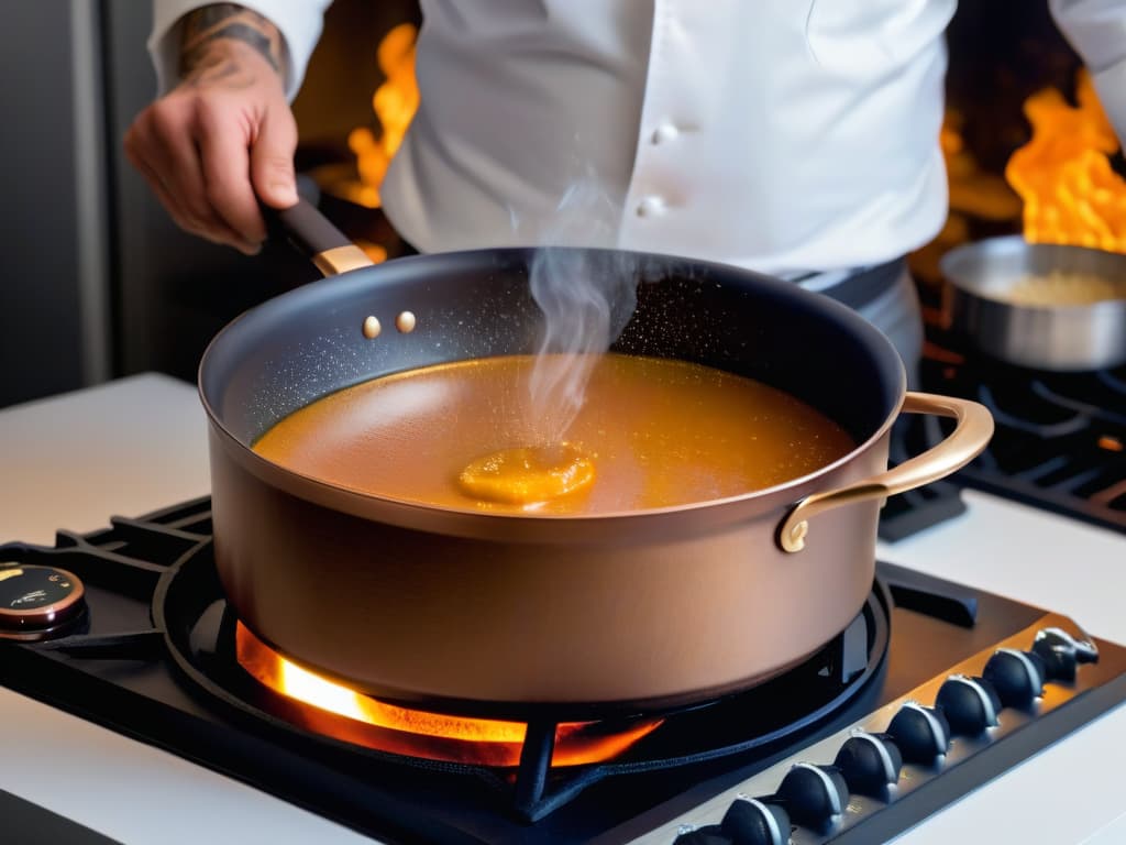  A closeup, ultradetailed image of a chef's hands holding a heavybottomed copper saucepan with bubbling amber caramel inside, the flames from the stove reflecting in the shiny surface, showcasing the intricate process of sugar caramelization. The hands are gloved in heatresistant mitts, emphasizing the professional and precise techniques required for this culinary art. The minimalistic style highlights the beauty and complexity of the caramelization process, making it visually appealing and inspiring for the readers. hyperrealistic, full body, detailed clothing, highly detailed, cinematic lighting, stunningly beautiful, intricate, sharp focus, f/1. 8, 85mm, (centered image composition), (professionally color graded), ((bright soft diffused light)), volumetric fog, trending on instagram, trending on tumblr, HDR 4K, 8K