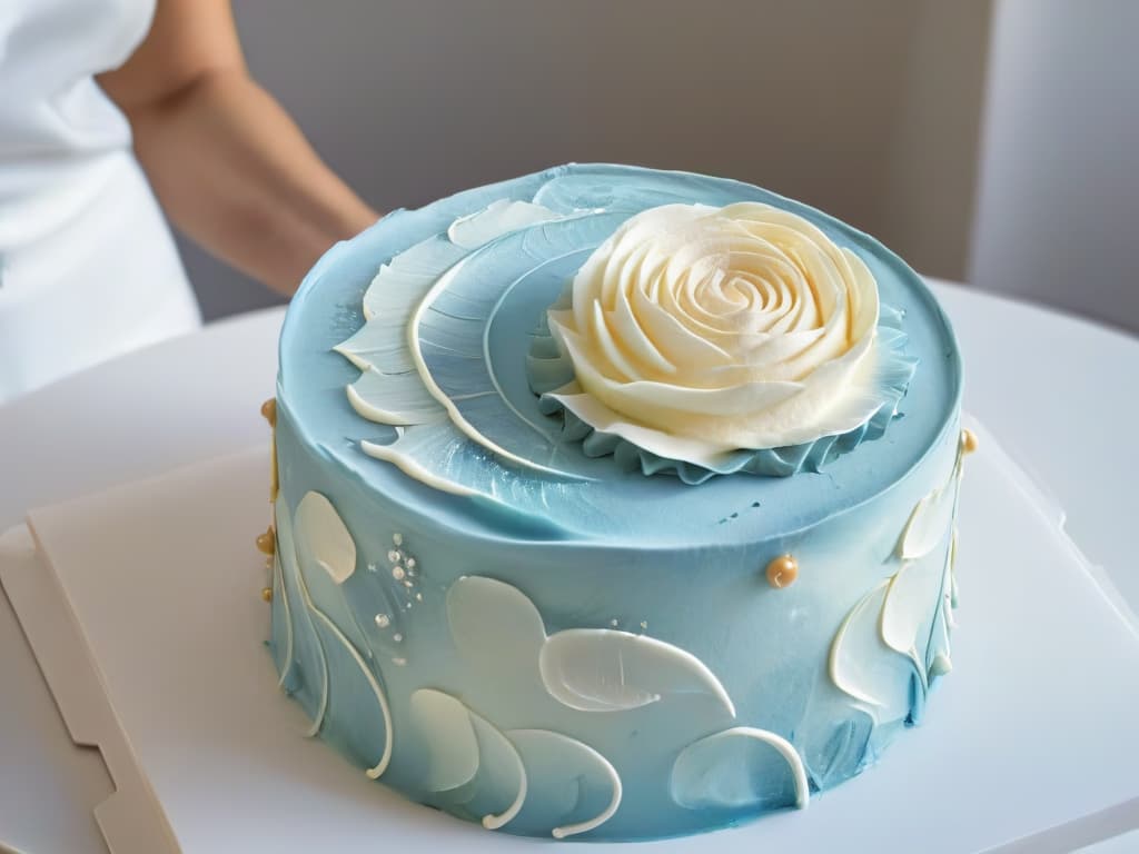  An ultradetailed closeup image of a reusable pastry bag made from ecofriendly materials, showcasing intricate piping work in progress on a beautifully decorated cake. The focus is on the precise movements of a skilled baker's hand as they create delicate swirls and designs with pastelcolored icing, highlighting the sustainability and artistry of reusable pastry bags for stunning cake decorations. hyperrealistic, full body, detailed clothing, highly detailed, cinematic lighting, stunningly beautiful, intricate, sharp focus, f/1. 8, 85mm, (centered image composition), (professionally color graded), ((bright soft diffused light)), volumetric fog, trending on instagram, trending on tumblr, HDR 4K, 8K