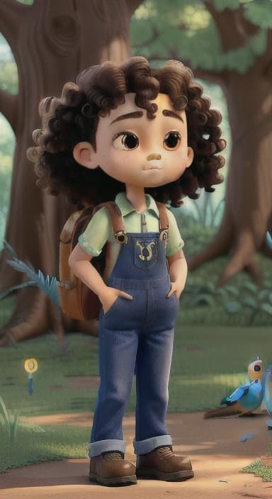  {Riley standing under the tree with eyes closed, making the wish., Riley, a curious with big brown eyes and curly hair, wearing overalls and carrying a small backpack. Their friend, Skye, a bluebird with shiny feathers.