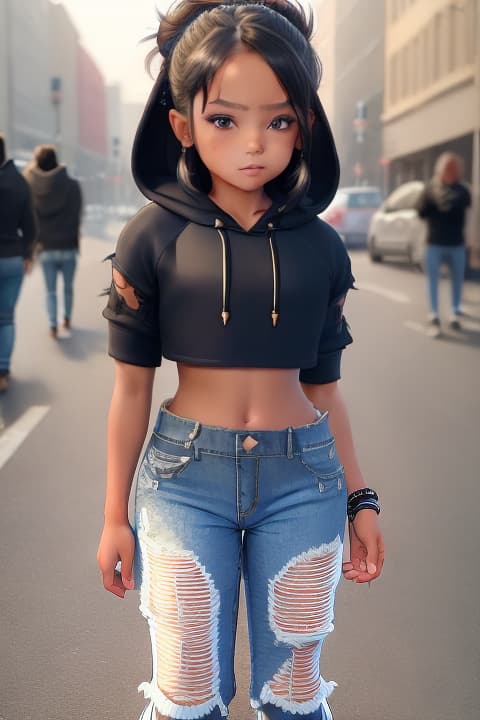  (((extremely beautiful:1.5))), (((6 year old in a cropped hoodie and ripped jeans:1.5))), ((fighting man in the streets)), 1girl,, detailed eyes, hyperrealistic, full body, highly detailed, cinematic lighting, intricate, sharp focus, f/1. 8, 85mm, (centered image composition), (professionally color graded), ((bright soft diffused light)), volumetric fog, trending on instagram, HDR 4K, 8K