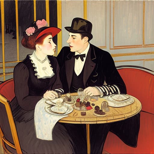  attractive young Parisian couple dressed in modern designer outfits who are romantically together in Paris. Foreground a small plate of fine dark chocolates on a small wooden table. Background dusk with a light of the inside the Moulin Rouge during a show. Painting style of Henri de Toulouse-Lautrec