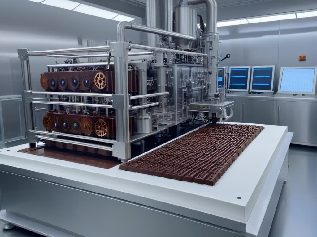  An ultradetailed image of a stateoftheart chocolate manufacturing machine, showcasing intricate gears, pipes, and digital displays, all against a sleek and minimalist background. The machine is in motion, with streams of molten chocolate gracefully flowing through transparent tubes, capturing the essence of advanced technology and precision in chocolate production. hyperrealistic, full body, detailed clothing, highly detailed, cinematic lighting, stunningly beautiful, intricate, sharp focus, f/1. 8, 85mm, (centered image composition), (professionally color graded), ((bright soft diffused light)), volumetric fog, trending on instagram, trending on tumblr, HDR 4K, 8K