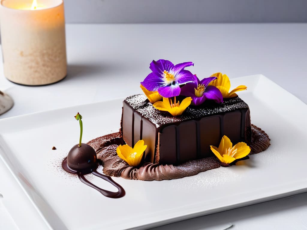  A minimalistic image of a decadent chocolate dessert beautifully garnished with edible flowers, dusted cocoa powder, and a drizzle of rich chocolate sauce on a pristine white plate, set against a clean, uncluttered background to convey the essence of allergenfree chocolate desserts in a visually appealing and elegant manner. hyperrealistic, full body, detailed clothing, highly detailed, cinematic lighting, stunningly beautiful, intricate, sharp focus, f/1. 8, 85mm, (centered image composition), (professionally color graded), ((bright soft diffused light)), volumetric fog, trending on instagram, trending on tumblr, HDR 4K, 8K