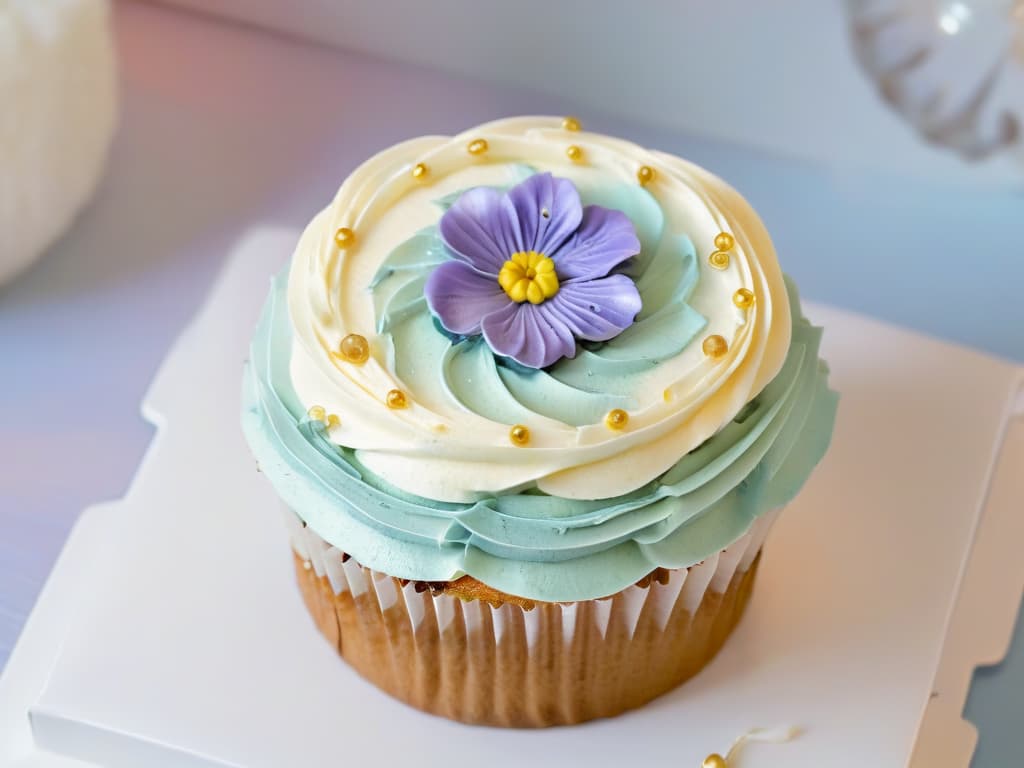  A closeup, ultradetailed image of a glutenfree cupcake with intricate decoration. The cupcake is topped with delicate swirls of pastelcolored frosting, edible flowers, and shimmering gold leaf accents. The background is softly blurred to keep the focus on the exquisite details of the cupcake's decoration, showcasing the artistry and creativity involved in glutenfree cupcake design. The image is captured in high resolution, allowing viewers to appreciate the texture of the frosting and the fine details of the edible embellishments. hyperrealistic, full body, detailed clothing, highly detailed, cinematic lighting, stunningly beautiful, intricate, sharp focus, f/1. 8, 85mm, (centered image composition), (professionally color graded), ((bright soft diffused light)), volumetric fog, trending on instagram, trending on tumblr, HDR 4K, 8K