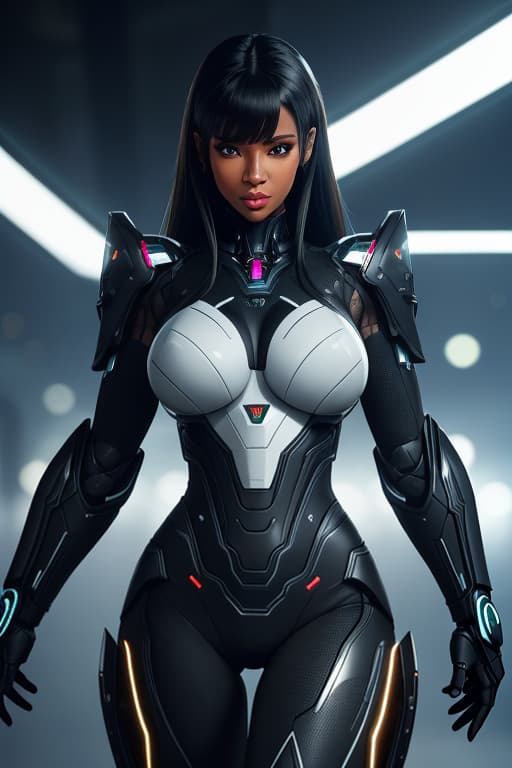  cgmech, beautiful eyes, upper body, underboob, portrait, robot, armor, black women, neon light, 8K, RAW, best quality, masterpiece, ultra high res, colorful, (medium wide shot), (dynamic perspective), sharp focus , (depth of field, bokeh:1.3), extremely detailed eyes and face, beautiful detailed eyes,large breasts,(black gold, trimmed gear:1.2),(In a futuristic weapons factory:1.2), ((masterpiece, best quality)), <lora:more details:0.3> Detailed background, spaceship interior <lora:Niji:0.5> black african women hyperrealistic, full body, detailed clothing, highly detailed, cinematic lighting, stunningly beautiful, intricate, sharp focus, f/1. 8, 85mm, (centered image composition), (professionally color graded), ((bright soft diffused light)), volumetric fog, trending on instagram, trending on tumblr, HDR 4K, 8K