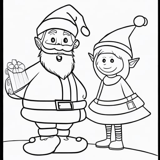  coloring drawing of Santa Claus with a Christmas elf next to him