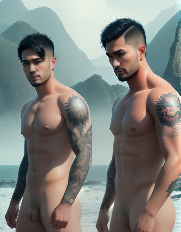 tattooed  brothers are taking a bath on the beach，gay，Asian，Asiatic，Asian，Asian， portrait, happy colors, bright eyes, clear eyes, warm smile, smooth soft skin，symmetrical, anime wide eyes，big bulge， huge pectorales, naked whole body hyperrealistic, full body, detailed clothing, highly detailed, cinematic lighting, stunningly beautiful, intricate, sharp focus, f/1. 8, 85mm, (centered image composition), (professionally color graded), ((bright soft diffused light)), volumetric fog, trending on instagram, trending on tumblr, HDR 4K, 8K