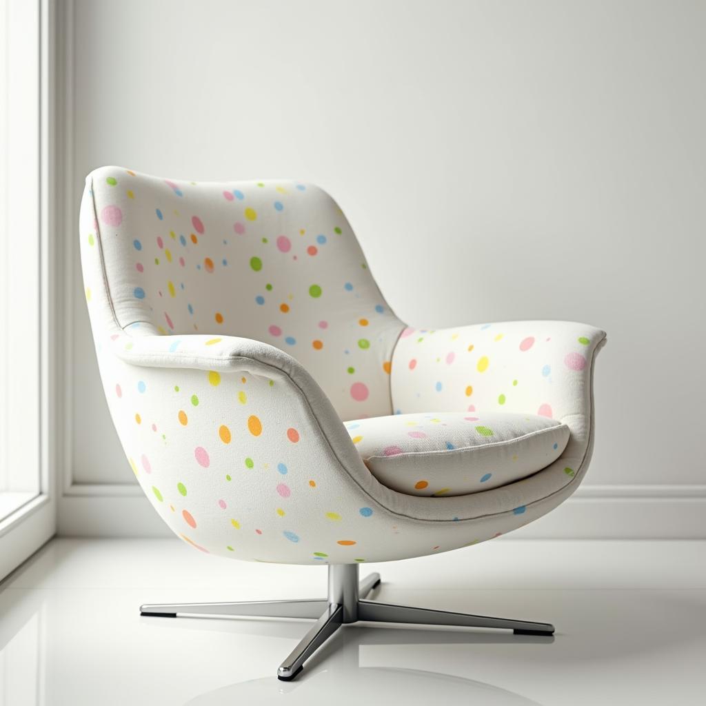  capture the essence of modern living with this editorial photography showcasing a minimalist chair set in a cozy living room designed for relaxation and entertainment. the close up view emphasizes the chair's sleek, contemporary form with smooth, curved edges. the chair features a white seat and backrest adorned with colorful speckles in yellow, green, blue, pink, and orange (rgb values: yellow (255, 255, 0), green (0, 128, 0), blue (0, 0, 255), pink (255, 192, 203), orange (255, 165, 0)), adding a playful touch to its simple structure. supported by a chrome frame, the chair is positioned in a well lit space, possibly near a large window, against a white wall on a light colored floor, creating a bright and inviting atmosphere. hyperrealistic, full body, detailed clothing, highly detailed, cinematic lighting, stunningly beautiful, intricate, sharp focus, f/1. 8, 85mm, (centered image composition), (professionally color graded), ((bright soft diffused light)), volumetric fog, trending on instagram, trending on tumblr, HDR 4K, 8K