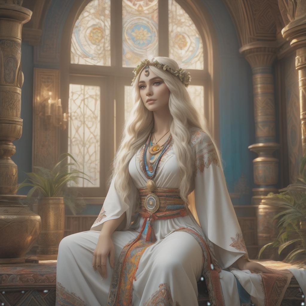  concept art The goddess Hestia in a hippie outfit, in a Scandinavian interior, with light hair, looks sideways. [translation] . digital artwork, illustrative, painterly, matte painting, highly detailed hyperrealistic, full body, detailed clothing, highly detailed, cinematic lighting, stunningly beautiful, intricate, sharp focus, f/1. 8, 85mm, (centered image composition), (professionally color graded), ((bright soft diffused light)), volumetric fog, trending on instagram, trending on tumblr, HDR 4K, 8K