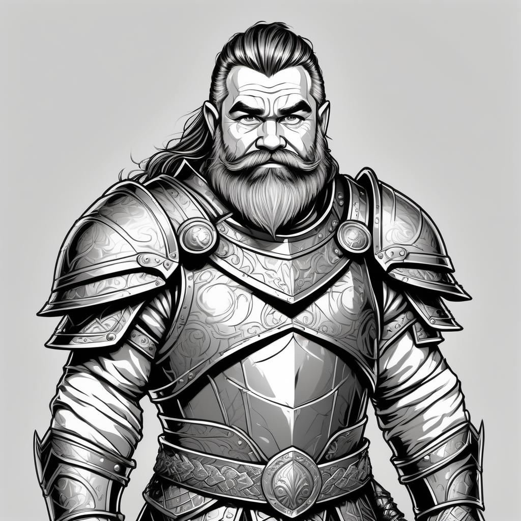  male dwarf in armor, full lenght, line art style, clean and crisp lines, sharp boundaries between colors, black and white colors, properly drawn hands, detailed, mid shot, clear white background