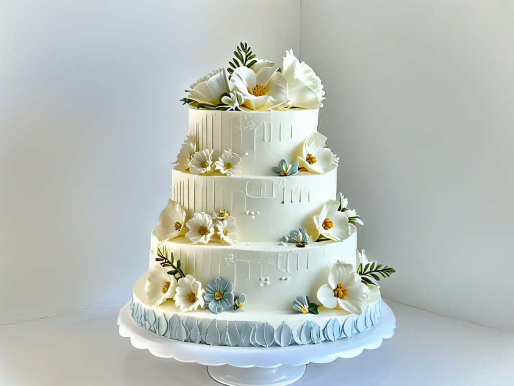  An intricately detailed photorealistic image of a multilayered cake with alternating textures, showcasing smooth fondant, delicate piping work, edible flowers, shimmering metallic accents, and intricate lacelike patterns. The cake should be displayed on a pristine white cake stand, with soft natural lighting highlighting the textures and details, creating a visually stunning and inspiring representation of texture layering in pastry. hyperrealistic, full body, detailed clothing, highly detailed, cinematic lighting, stunningly beautiful, intricate, sharp focus, f/1. 8, 85mm, (centered image composition), (professionally color graded), ((bright soft diffused light)), volumetric fog, trending on instagram, trending on tumblr, HDR 4K, 8K