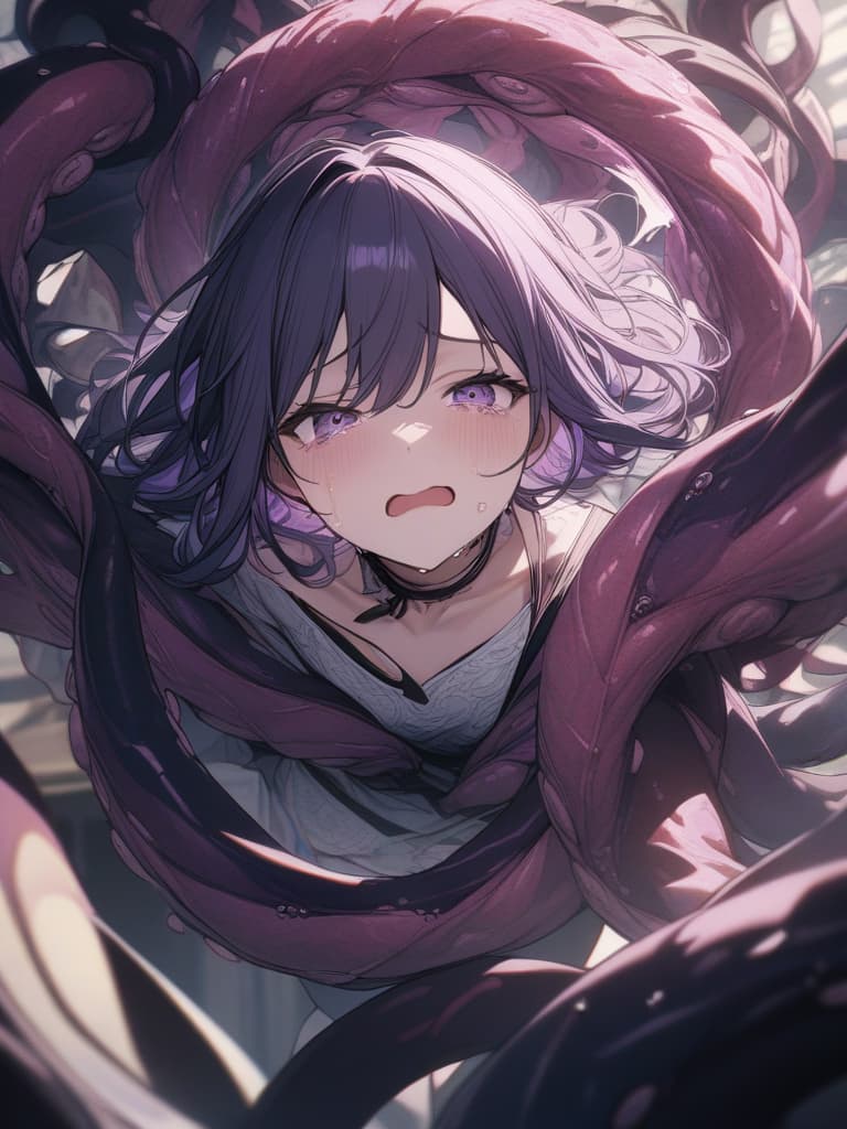  Tentacles, short hair, crying face, girl, purple hair, tentacle winding, open mouth, purple, whole body, masterpiece, best quality,8k,ultra detailed,high resolution,an extremely delicate and beautiful,hyper detail