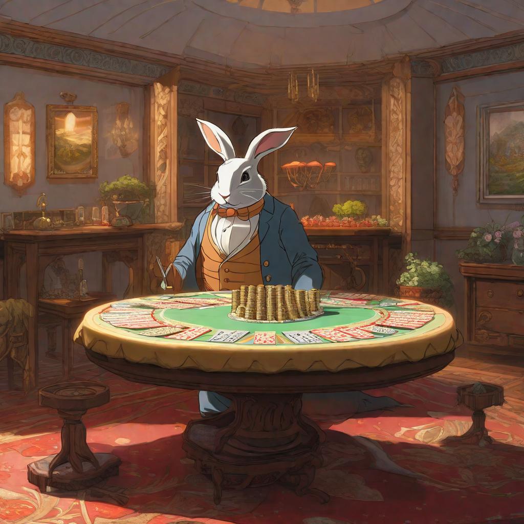  Sobre una mesa de ruleta corre un veloz conejo plateado dejando a su paso una estela de fichas y naipes en el aire , anime concept art by Hayao Miyazaki, featured on pixiv, fantasy art, concept art, official art, high detailed hyperrealistic, full body, detailed clothing, highly detailed, cinematic lighting, stunningly beautiful, intricate, sharp focus, f/1. 8, 85mm, (centered image composition), (professionally color graded), ((bright soft diffused light)), volumetric fog, trending on instagram, trending on tumblr, HDR 4K, 8K