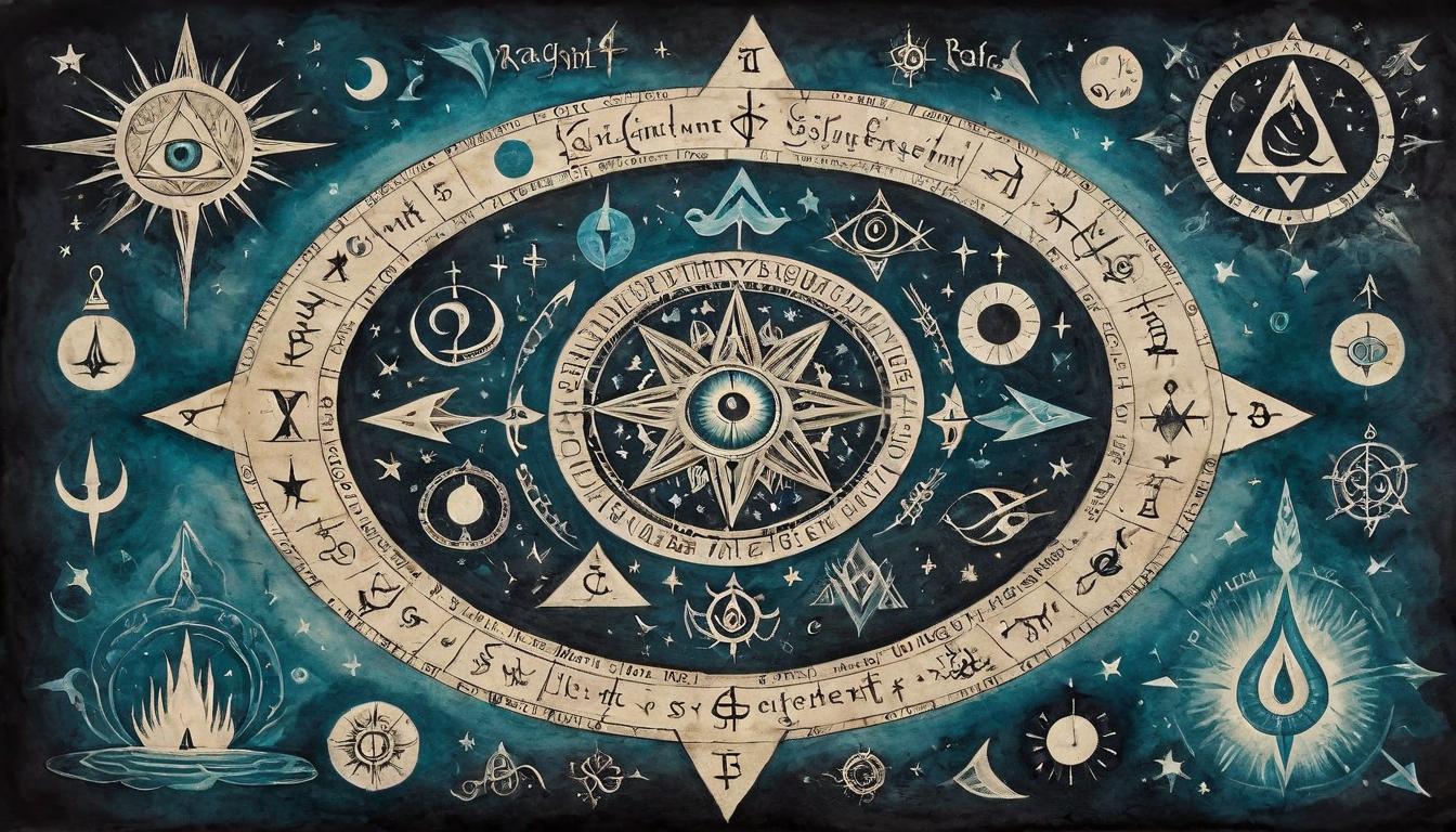  on parchment, surrealism+++, individual surrounded by floating esoteric symbols, dark background, focused intense gaze, radiating spiritual energy, enlightenment, engagement(mysterious, provocative, symbolic,muted color)+++