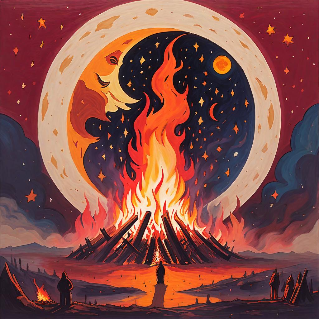  abstract artwork, A bonfire of giants in a rare fire color in front of the moon and stars