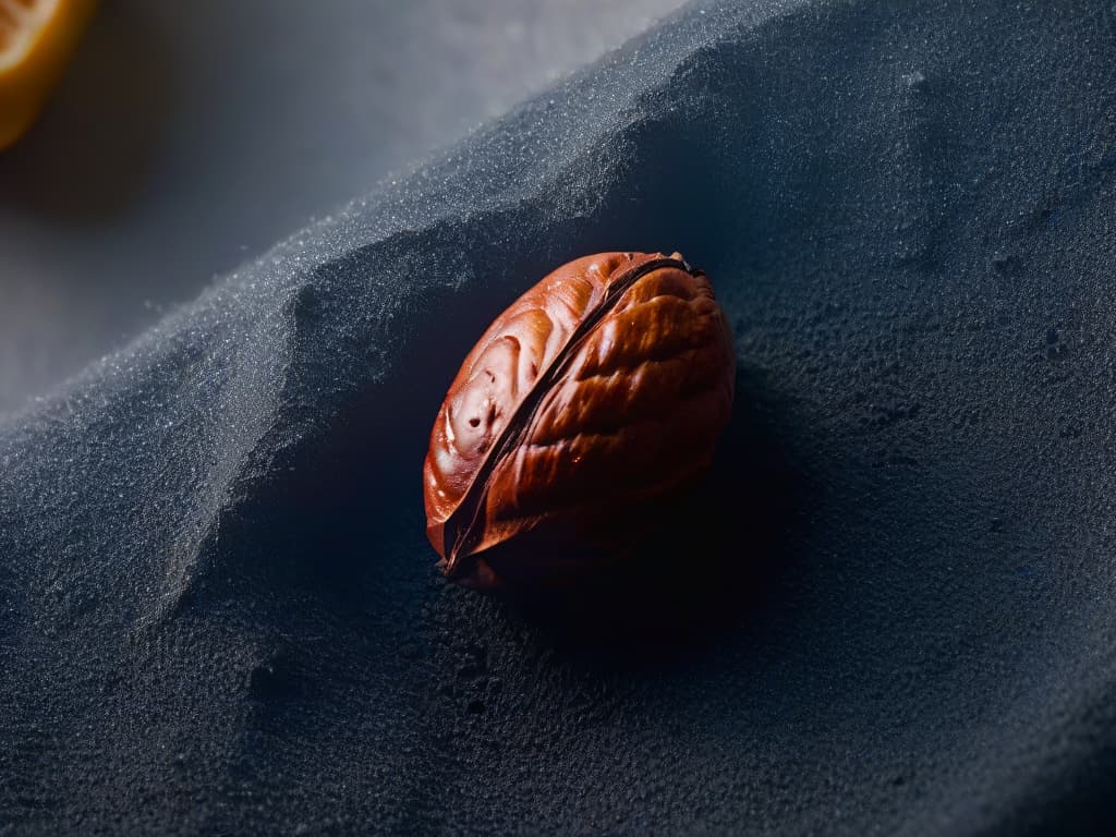  A closeup, ultradetailed image of a single cacao bean in its natural, unprocessed state. The bean is positioned diagonally in the frame, showcasing its intricate textures and rich brown hues under soft, natural lighting. Every tiny crevice and bump on the surface is crystal clear, highlighting the raw beauty of this essential ingredient in sustainable baking. hyperrealistic, full body, detailed clothing, highly detailed, cinematic lighting, stunningly beautiful, intricate, sharp focus, f/1. 8, 85mm, (centered image composition), (professionally color graded), ((bright soft diffused light)), volumetric fog, trending on instagram, trending on tumblr, HDR 4K, 8K