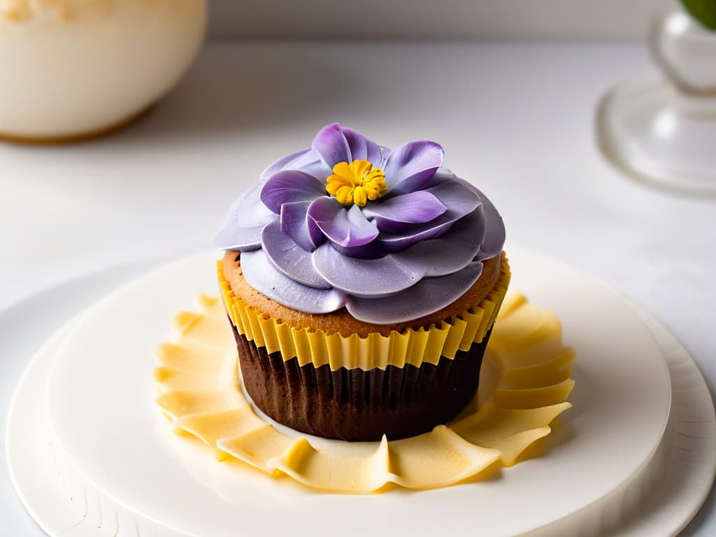  A closeup, ultradetailed image of a perfectly frosted vegan cupcake adorned with a delicate edible flower on top. The cupcake sits on a sleek, modern white plate against a soft, blurred background that highlights the intricate swirls of the frosting and the vibrant colors of the flower petals. This minimalist image captures the essence of innovative and organic vegan cupcakes, evoking a sense of elegance and culinary artistry. hyperrealistic, full body, detailed clothing, highly detailed, cinematic lighting, stunningly beautiful, intricate, sharp focus, f/1. 8, 85mm, (centered image composition), (professionally color graded), ((bright soft diffused light)), volumetric fog, trending on instagram, trending on tumblr, HDR 4K, 8K