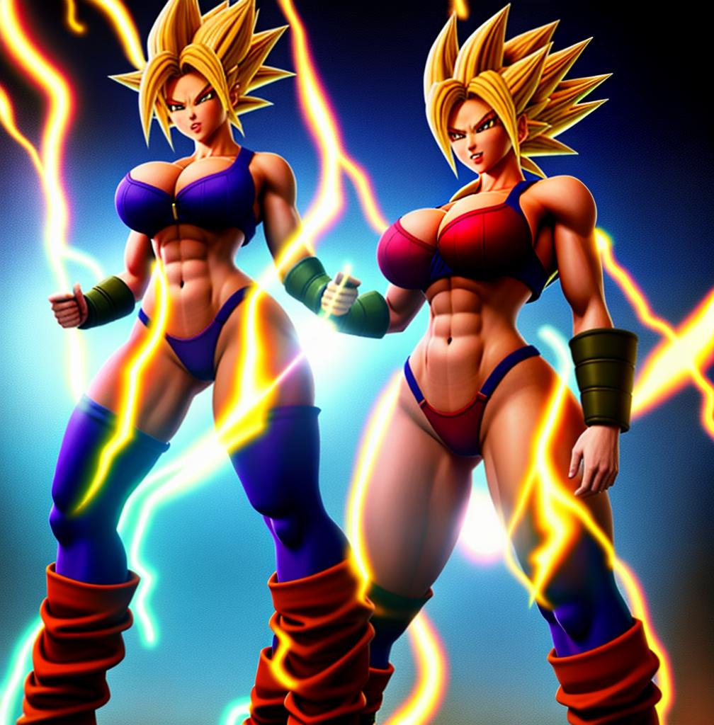  ((foto de cuerpo completo, pie plano, cuerpo recto)), ((laura {Super Super Saiyan mujer con grandes pechos})), ((lleva puesto son goku+Los disfraces de ella son extremadamente ajustados a su cuerpo.))