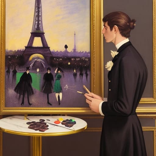  attractive young Parisian couple dressed in modern designer outfits who are romantically together in Paris. Foreground a small plate of fine dark chocolate pieces of candy on a bedside table. Background night with a lite Eiffel Tour Monument. Painting style of Edgar Degas