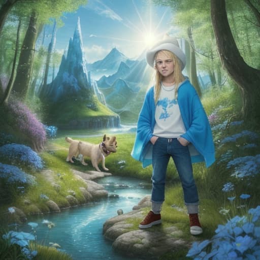  80's fantasy art, A young boy named Finn with long blonde hair tied in a white hat, wearing a blue hoodie and blue jeans. Next to him is Jake, a magical talking dog who can change shape. They are standing outside a green tent in a surreal and colorful landscape with sugar hills and a nearby small stream. The morning air is fresh, and the sun is shining high in the sky.