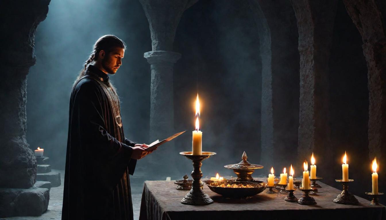  （surrealism)Ritual setup with candles and crystals, person standing with confident posture, soft light casting shadows, sense of preparation and inner strength mystic, intricate details, best quality)